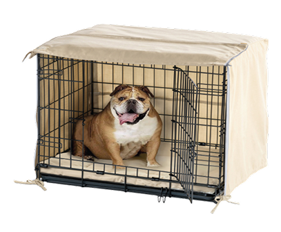 Dog inside a wire crate with a cover on a white background